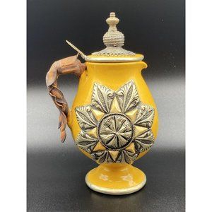 Moroccan Pitcher Yellow Pottery Silver Inlay Decoration Antique READ